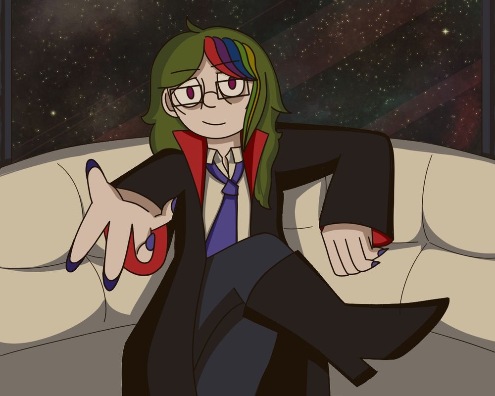 Mulher de cabelo verde, com mechas coloridas do lado direito do cabelo (vermelho, roxo, azul, verde e amarelo). Ela usa um sobretudo preto, uma camiseta social branca, uma gravata roxa e botas de salta alto. Esta sentada com as pernas cruzadas, estendendo a mão, e parece estar dentro de uma nave espacial.