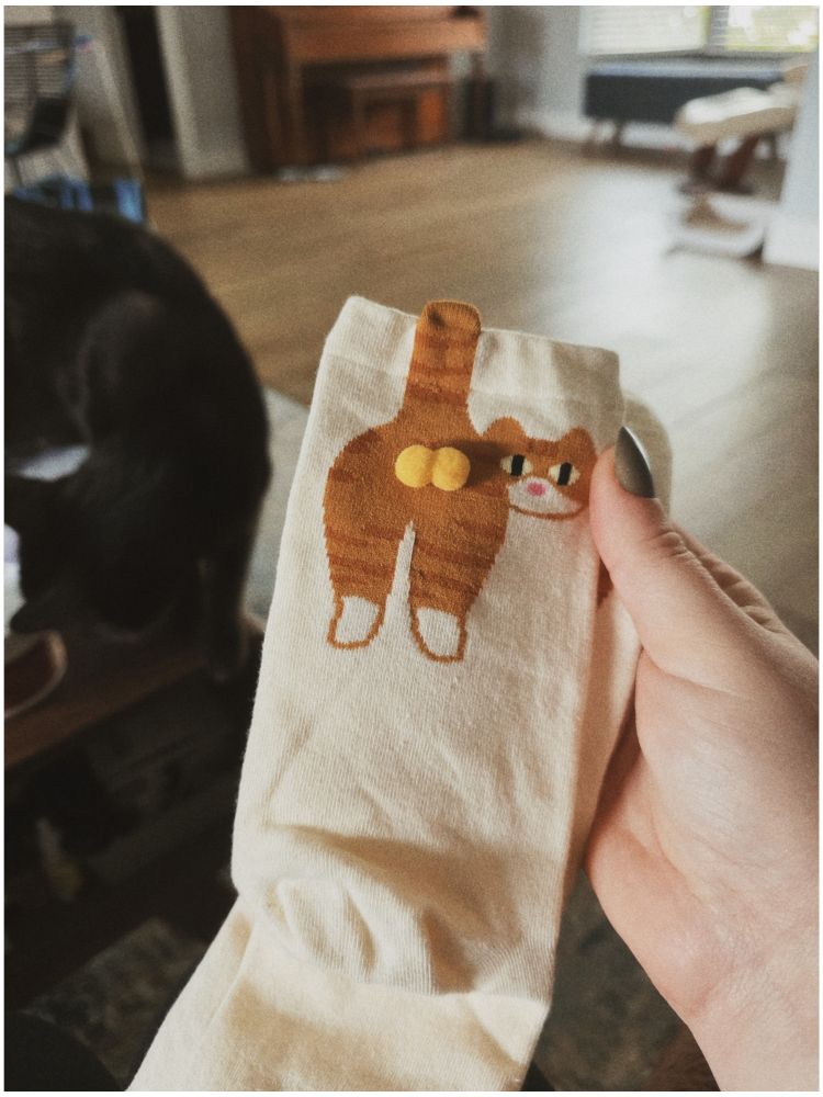 Jae is holding a pair of cream colored socks with an embroidered orange cat standing with its butt toward you. It is looking back at you and there are two fuzzy balls on its butt.