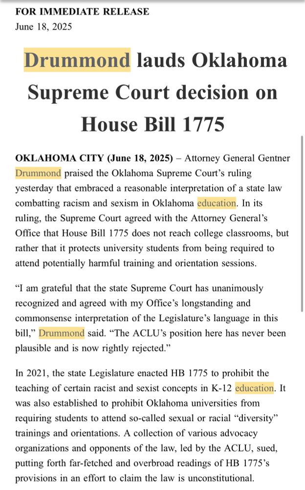 Oklahoma Attorney General Drummond celebrated the banning of race-based, SO, and Gender sensitivity trainings on public college campuses, which he called “harmful.”