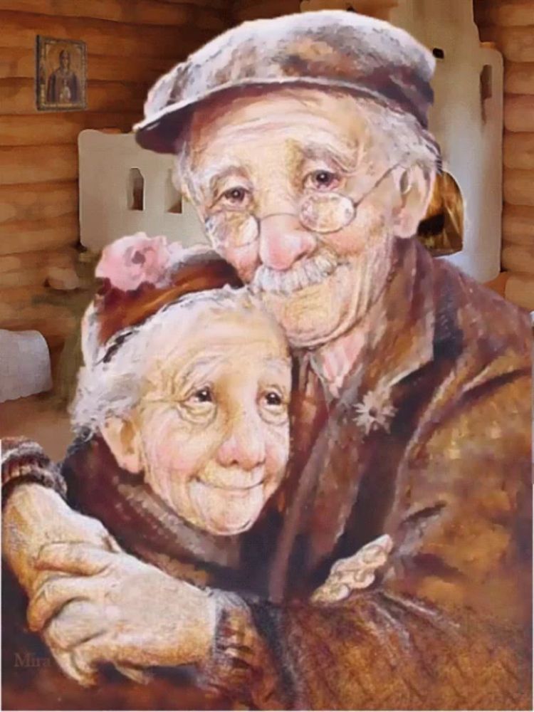 a painting of an elderly man and woman hugging each other with an icon on the wall behind them