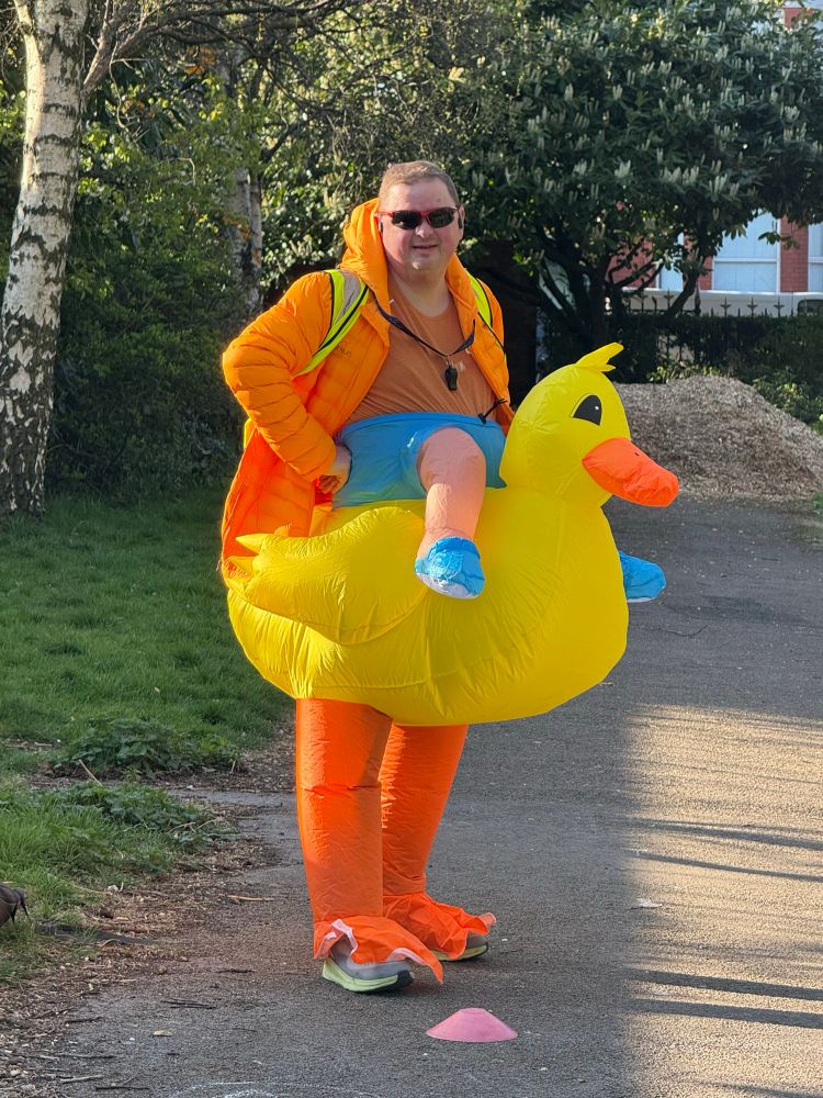 Us in inflatable rubber ducky and giraffe costumes! 