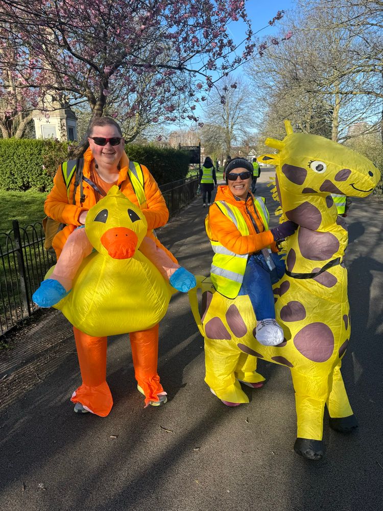 Us in inflatable rubber ducky and giraffe costumes! 