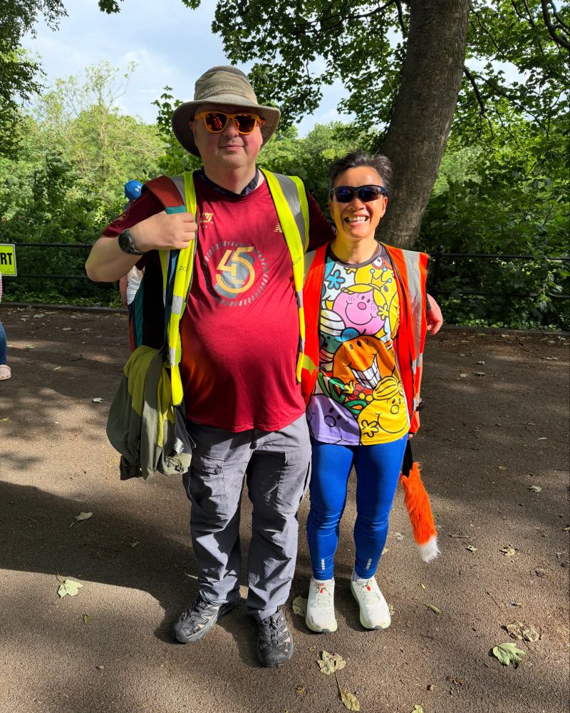 Ma and and my beloved wife in hi-vis parkrun jackets, Christine with the tail of the tailwalker 