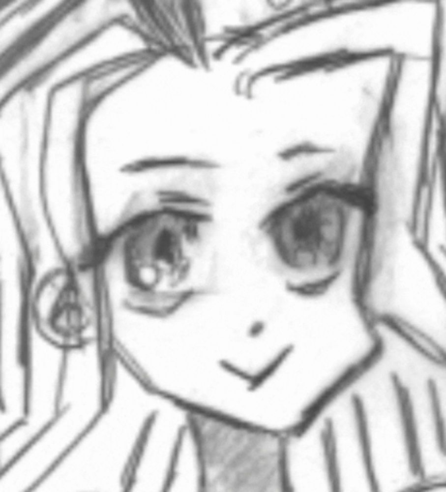 a black and white drawing of a girl 's face with a smile on her face .