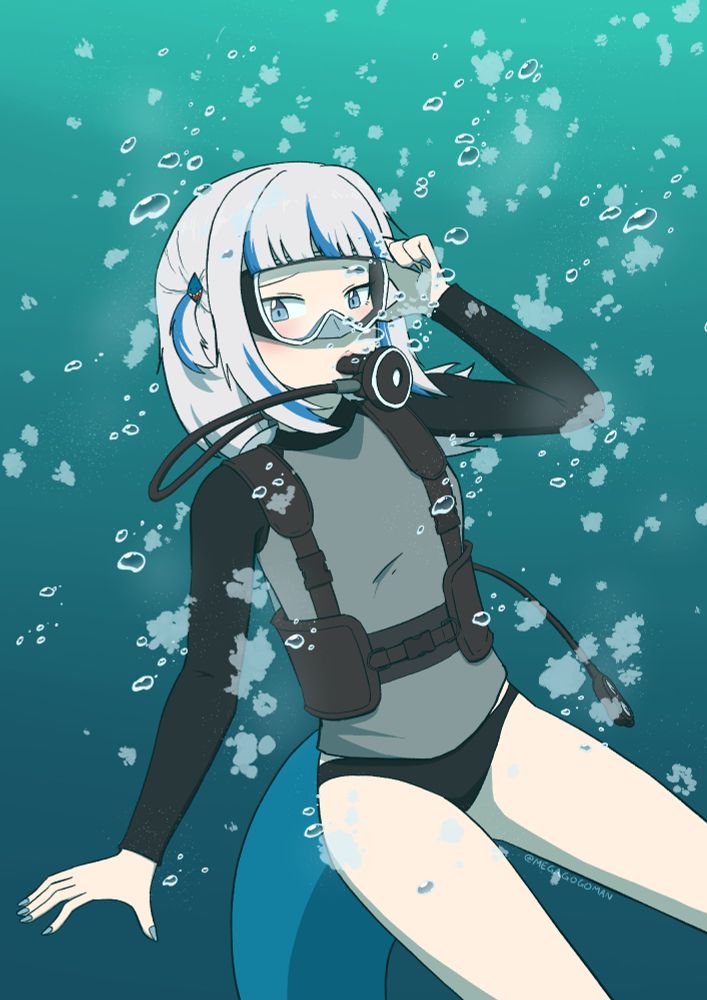 Gawr Gura underwater, wearing a rash guard and scuba gear
