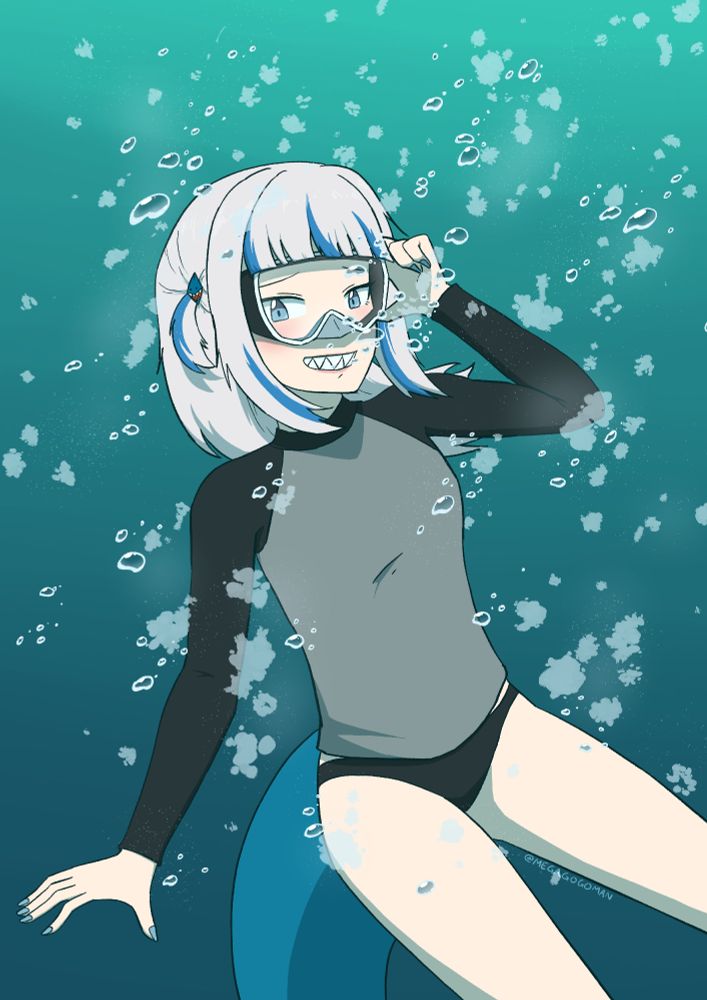 Gawr Gura smiling underwater, wearing a rash guard and a dive mask