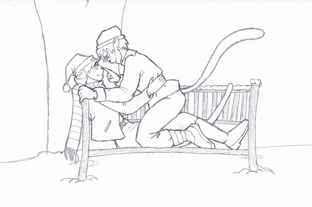 Pencil sketch of two male feline figures snuggling romantically on a snowy bench 