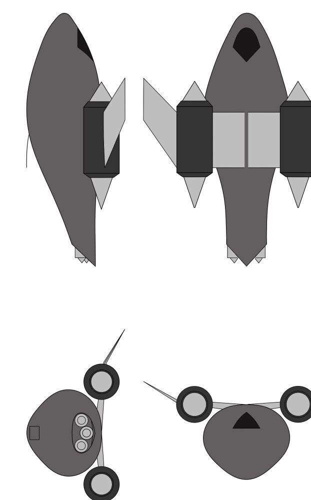 Layout schematic of a ship with large up swept wings and inset engines 