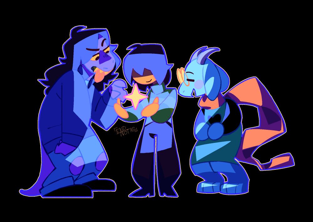 Da esquerda pra direita, Susie, Kris e Ralsei, do jogo "Deltarune" reunidos em meio a um vazio preto, contemplando uma fagulha brilhante nas mãos de Kris, com uma iluminação majoritariamente azul e roxo, mas com pontos de destaque em laranja.