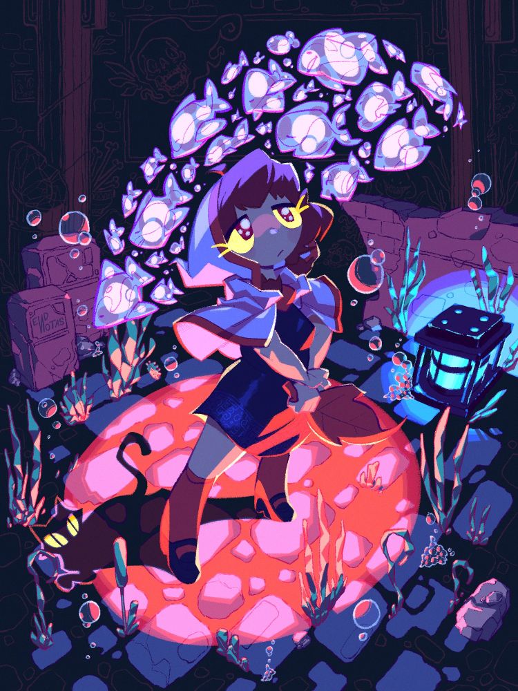 Kaho Reinol, personagem principal do jogo "Momodora Reverie Under the Moonlight" encarando peixes brilhantes dentro de uma tumba submersa, com lápides e algas a sua volta, enquanto sua sombra forma a silhueta de um gato