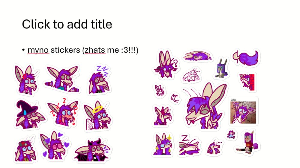 a stickersheet of my cohost talksprites and a stickersheet of assorted mynos