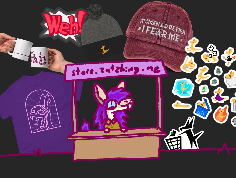 a scribbly doodle of me, a sandy coloured yinglet with floofy purple hair, sitting behind a market stall, surrounded by images of stuff i sell! tshirts and hats and stickers and mugs and all sorts waow