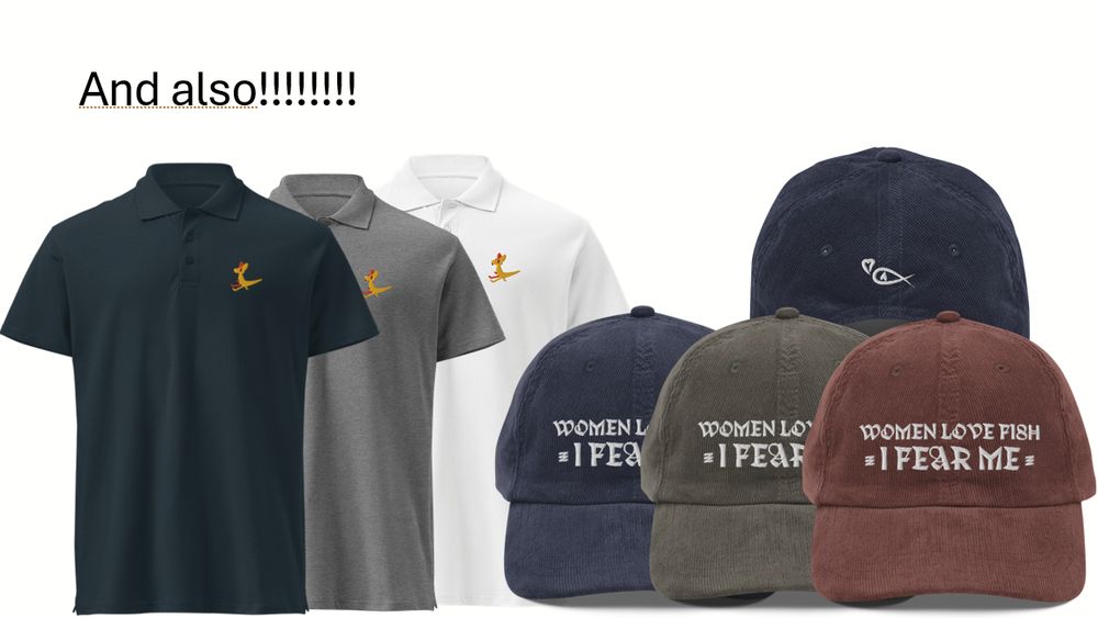 polos come in black grey or white and fish hats come in orange, green and navy. also they have a little fish on the back