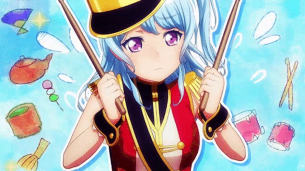 a girl with blue hair and purple eyes is holding a drum stick