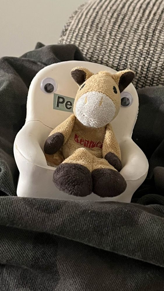 Wafflebaby the plush horse in his googly eyes chair