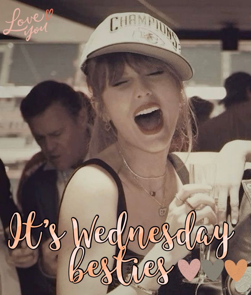 Taylor swift in a black shirt with a white cap holding a champagne glass (with the caption "it’s Wednesday besties")