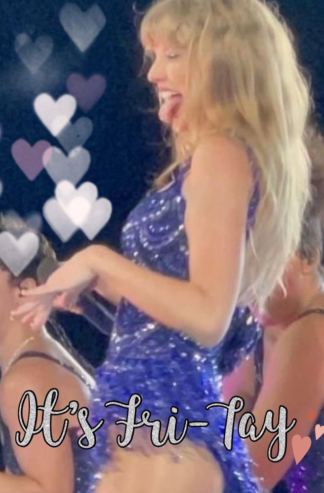 Taylor Swift in her midnights body suit in blue at the eras tour (with the caption: it’s fri-tay) 