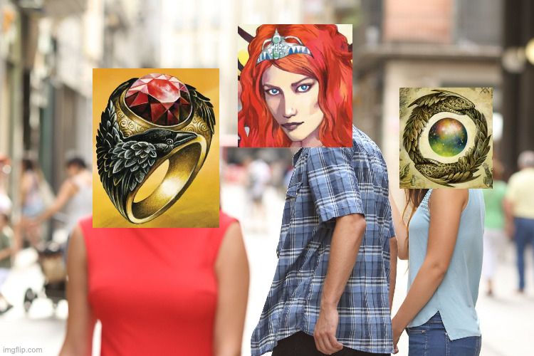 Distracted boyfriend meme with Highland Princess as the boyfriend, Philosopher's Stone as the girlfriend, and Ring of Morrigan as the woman being gawked at.