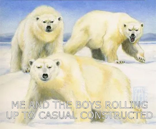 "Polar Bears" card art by Melissa Benson with the caption "me and the boys rolling up to casual constructed"