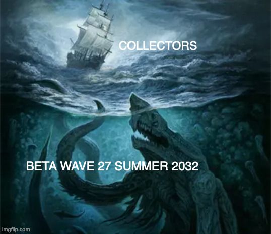 Art from the card "Great Old One" with "Collectors" as the ship and "Beta Wave 27" as the monster.