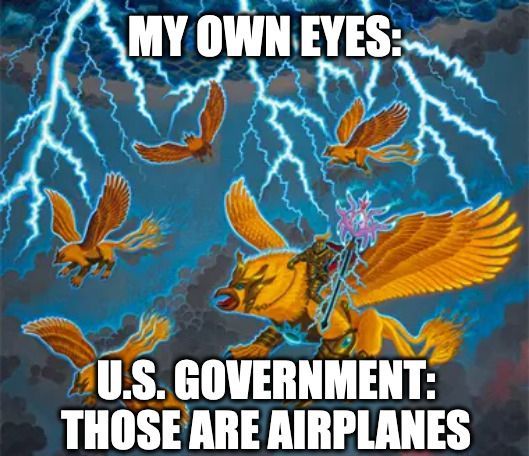 Gyre Hippogriffs art with the captions "My own eyes:" and "U.S. Government: those are airplanes".
