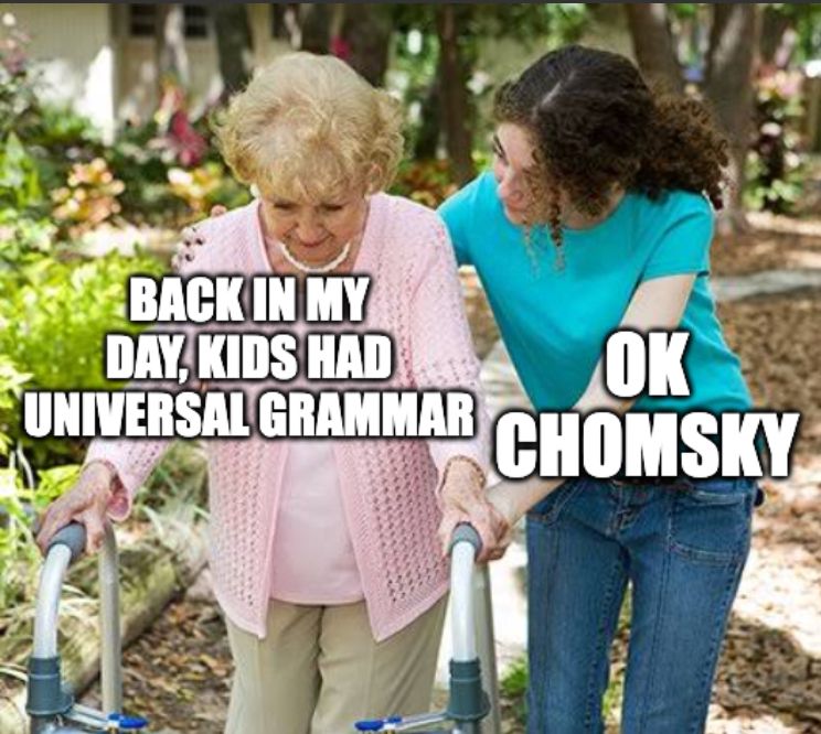 A meme about Chomsky's notion of universal grammar and how it is no longer as dominant in theories of language acquisition