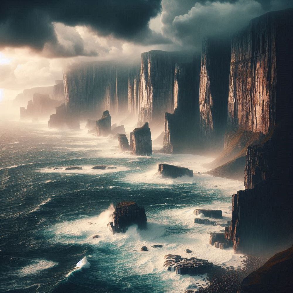 A dramatic, storm-swept coastline, with towering cliffs and crashing waves.
