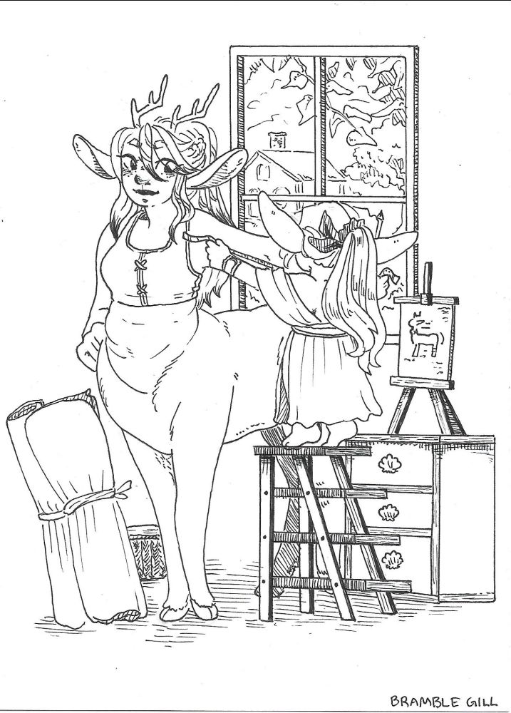 Pen drawing of a goblin on a ladder measuring a cervitaur girl for a new piece of clothing. The cervitaur is looking at her tailor fondly