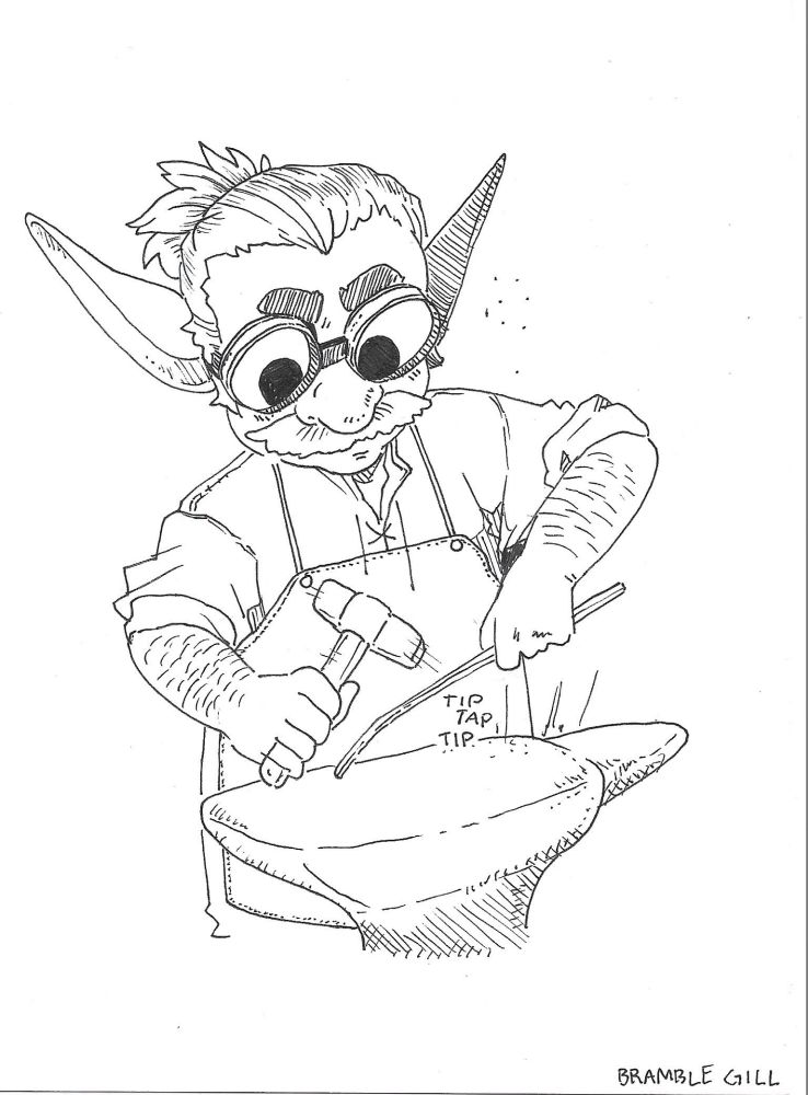 Pen drawing of a goblin tip tapping away on a piece of metal. He has large googly glasses and a bushy mustache