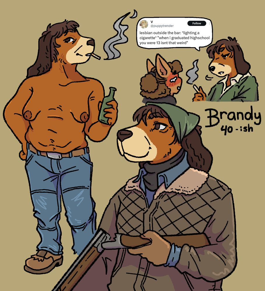 several drawings of a 40-something year old anthro dog based off the duck hunt game dog. she's wearing outdoorsy clothes and smoking a cigarette. one drawing instead has her shirtless