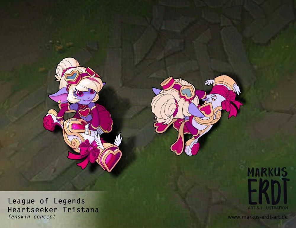 A concept art for league of legends. A dark ground, on it se see a small purple skinned character from above. Once from the front and once from behind, showing the details of a heart and love oriented visual design. Art by Markus Erdt.