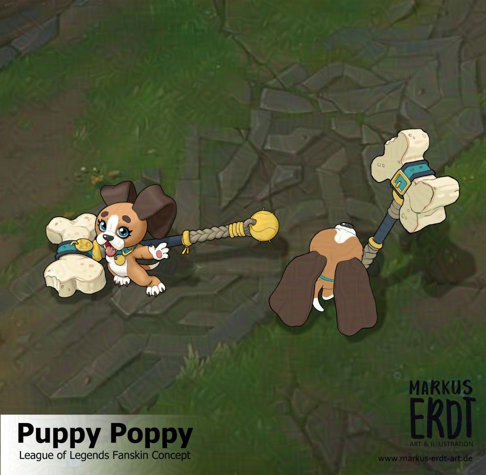 A skin concept design for league of legends. Puppy Poppy. The champion looks like a cute dog swinging a big hammer shaped llike a dog treat. Art by Markus Erdt.