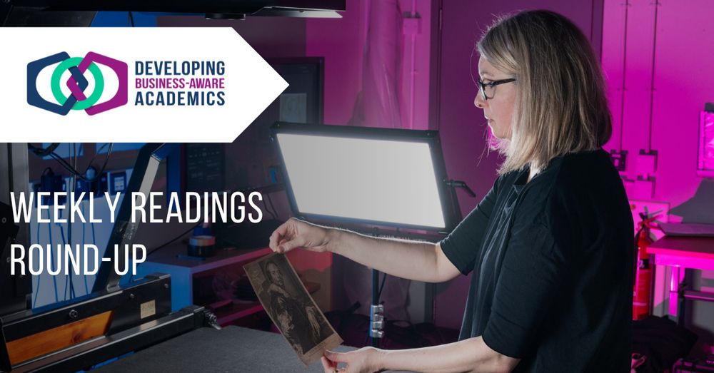 A photo of a woman studying a small painting. Overlaid is the DBAA logo and text reading Weekly Readings Round-up