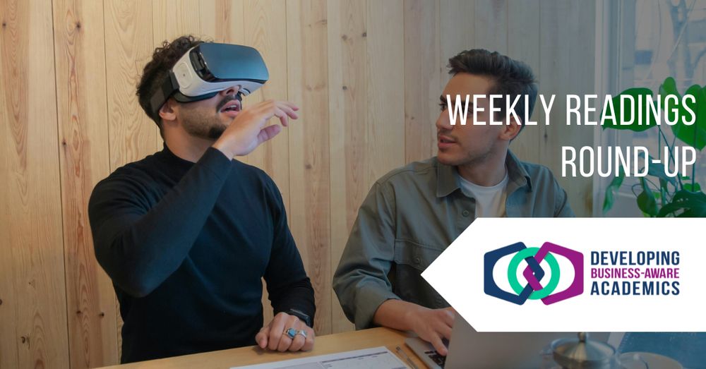 A photo of two men sat at a table. One types at a laptop and the other gestures while wearing a VR headset. Overlaid is the DBAA logo and text reading "Weekly readings round-up"