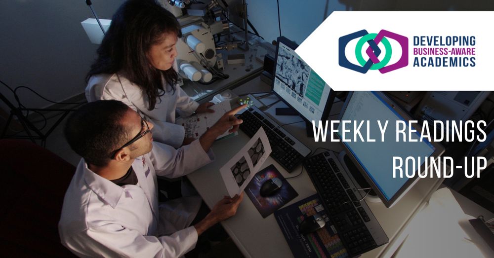 A photo of two people wearing lab coats looking at a computer with medical scans visible. Overlaid is the DBAA logo and text reading "Weekly readings round-up"