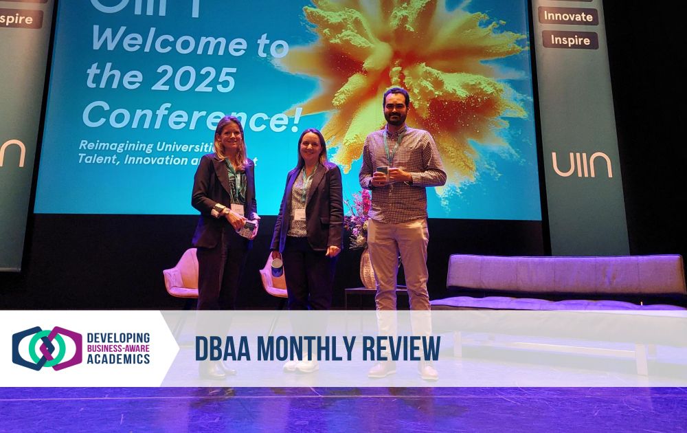 A photo of Dr Jo Bowler, Professor Alison Truelove, and Dr Felipe Do Nascimento Rodrigues on stage at the UIIN conference. Overlaid is the DBAA logo and text reading "DBAA monthly review"