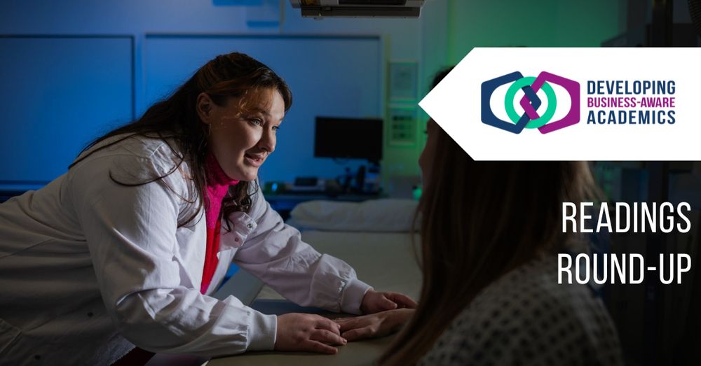 A photo of Dr Fay Manning positioning a patient's hand under an X ray machine. Overlaid is the DBAA logo and text reading "Readings round-up"