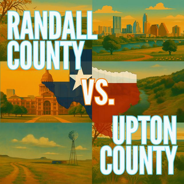 Rim of the Caprock & Heart of the Basin
Randall County and Upton County reveal two Texas landscapes built on resilience, community, and a sense of place. Randall: home to part of Amarillo and the stunning Palo Duro Canyon, blends suburban growth with Panhandle heritage. Upton County, deep in the Permian Basin, is quieter and more rugged, shaped by oilfields, ranching, and the endurance of small towns like Rankin and McCamey. One county grows through education, healthcare, and suburban momentum; the other through energy, land stewardship, and close-knit rural ties. Together, they show how Texas thrives when both its population centers and its frontier spaces have a seat at the table.