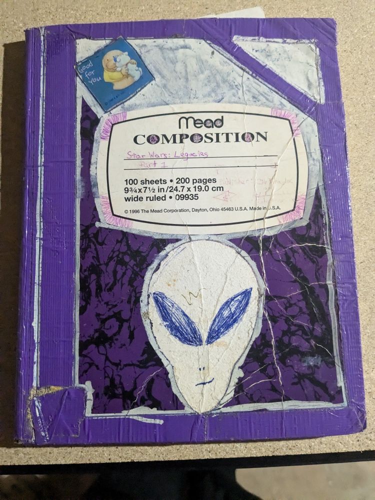 A purple composition notebook with stickers and white-out patches, and its edges reinforced by purple duct tape. The title is "Star Wars: Legacies." 