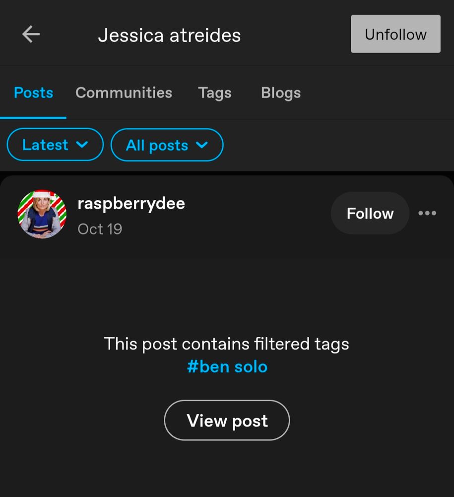A screenshot of a Tumblr search for "Jessica Atreides" from Dune, with a notification for the visible result being filtered for the phrase "Ben Solo." Who is from the Star Wars sequels fandom, not Dune.