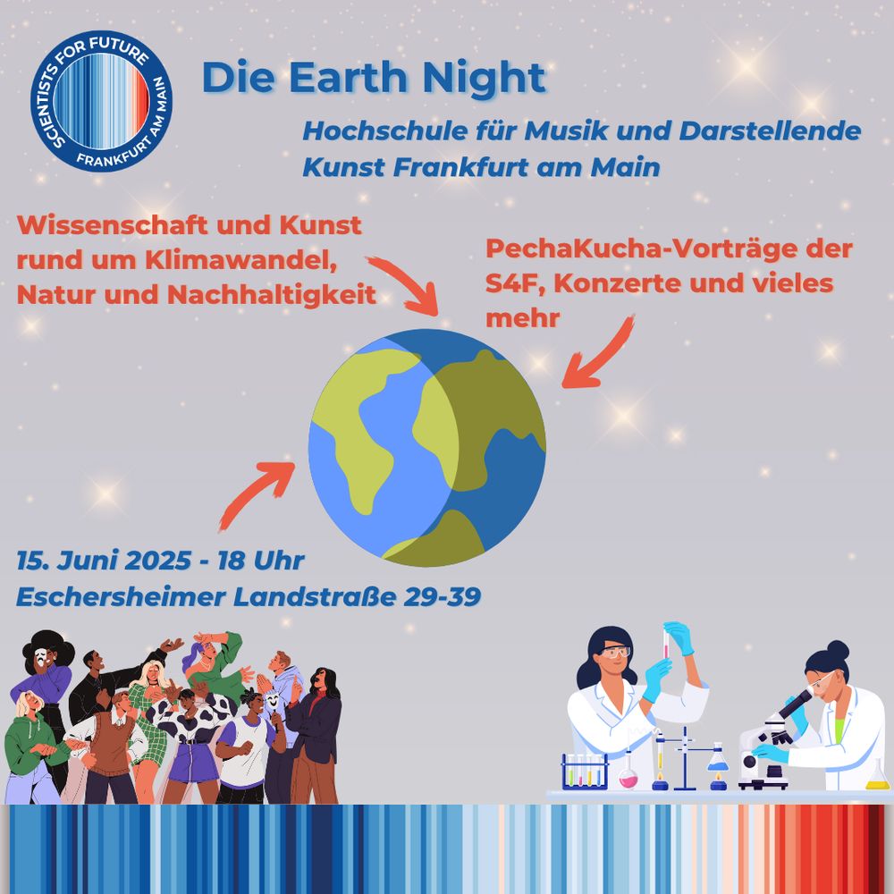 Die Earth Night an der Hochschule für Musik und Darstellende Kunst Frankfurt am Main. Wissenschaft und Kunst rund um Klimawandel, Natur und Nachhaltigkeit. PechaKucha-Vorträge der S4F, Konzerte und vieles mehr. 5. Juni 2025 - 18 Uhr Eschersheimer Landstraße 29-39 