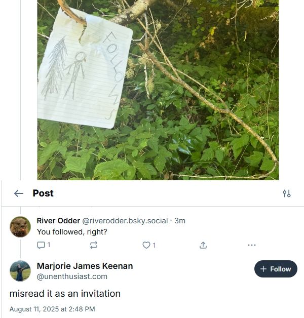 A screen shThe top has a photo of a scrap of paper stuck on a tree branch. The paper has a note scrawled in pencil which says "Follows" and has a doodle of a stick figure next to a tree.
Below that I responded by saying "You followed, right?"
Marjorie James Keenan said "Misread it as an invitation."
The follow button is right there, so...