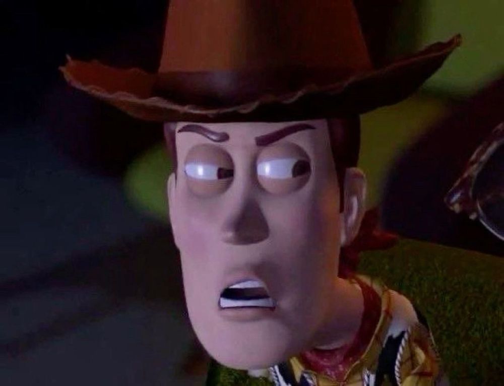 Woody from Toy Story with an annoyed side eye