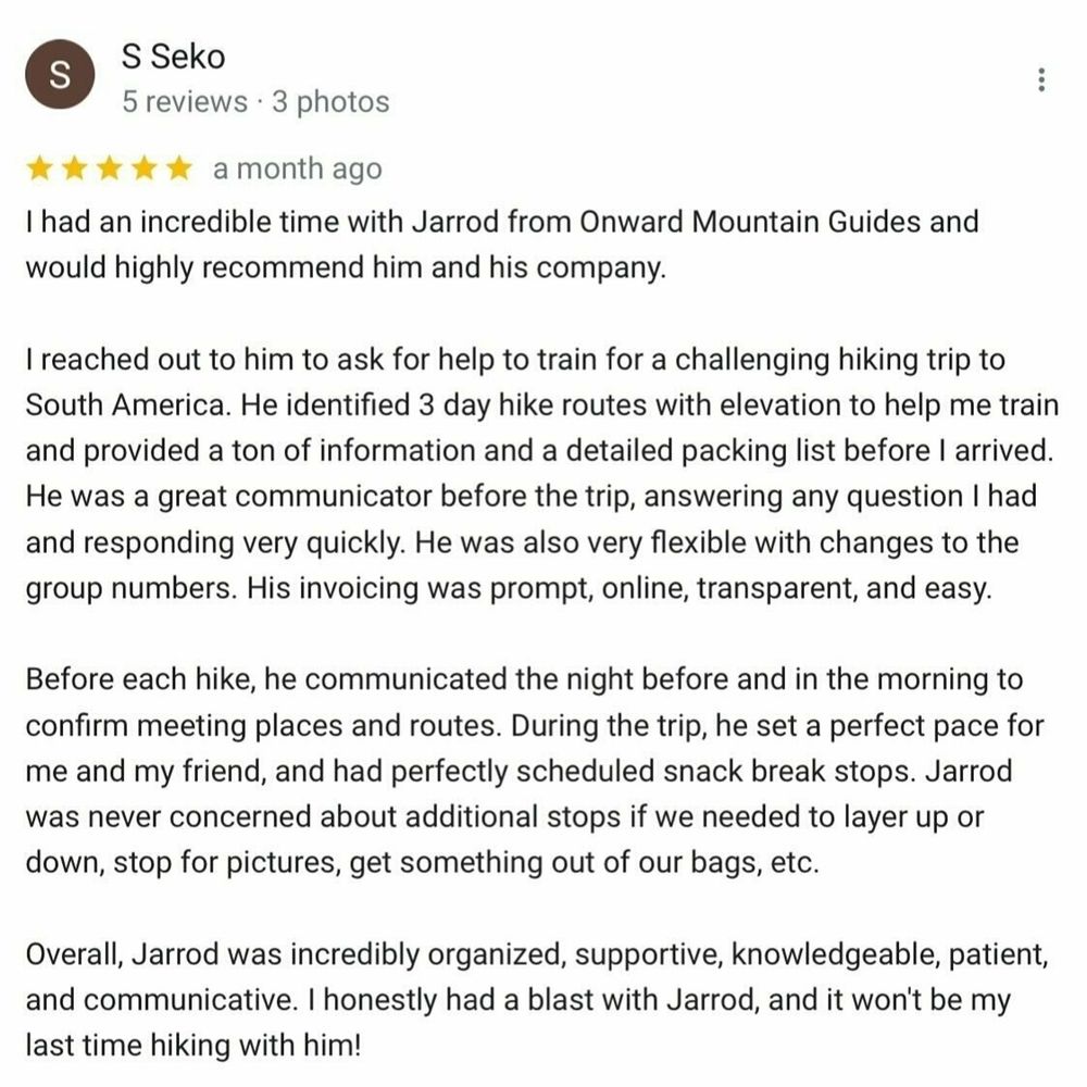 Review text praising Jarrod from Onward Mountain Guides for organizing hiking trips. Describes his communication skills, flexibility, and supportive guidance during hikes. Highly recommends him for future adventures.