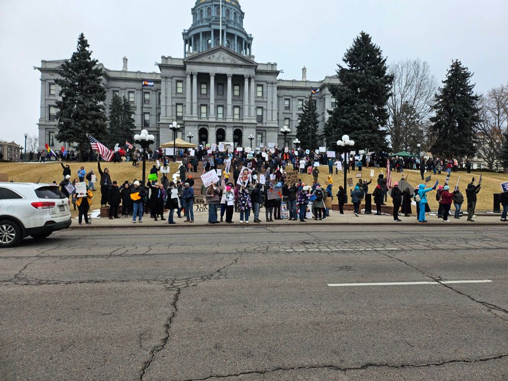 Early view of protestors from across the street.
