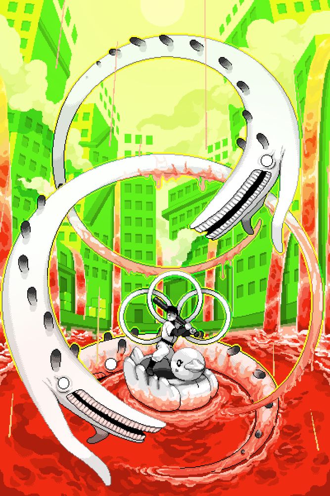 The Batter from the game OFF riding through one of the meat rivers of Alma. He stands precariously on a pedalo, bat at the ready, as two specters twist around him menacingly, and a third uncurls itself from under the meat's surface.