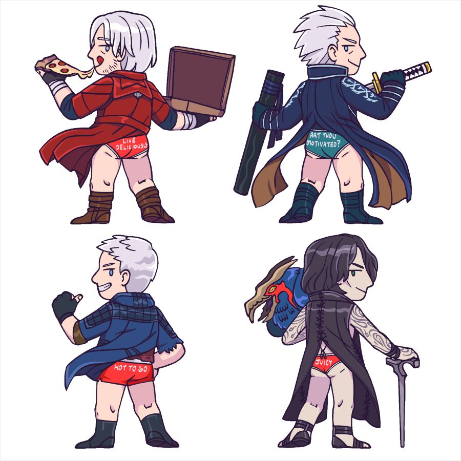 Dante, Vergil, Nero, and V Devil May Cry. They are all posing with their backs facing the viewer, looking back at you, and also they're all having severe wardrobe malfunctions. No pants, only very silly and cursed messages on their undies.