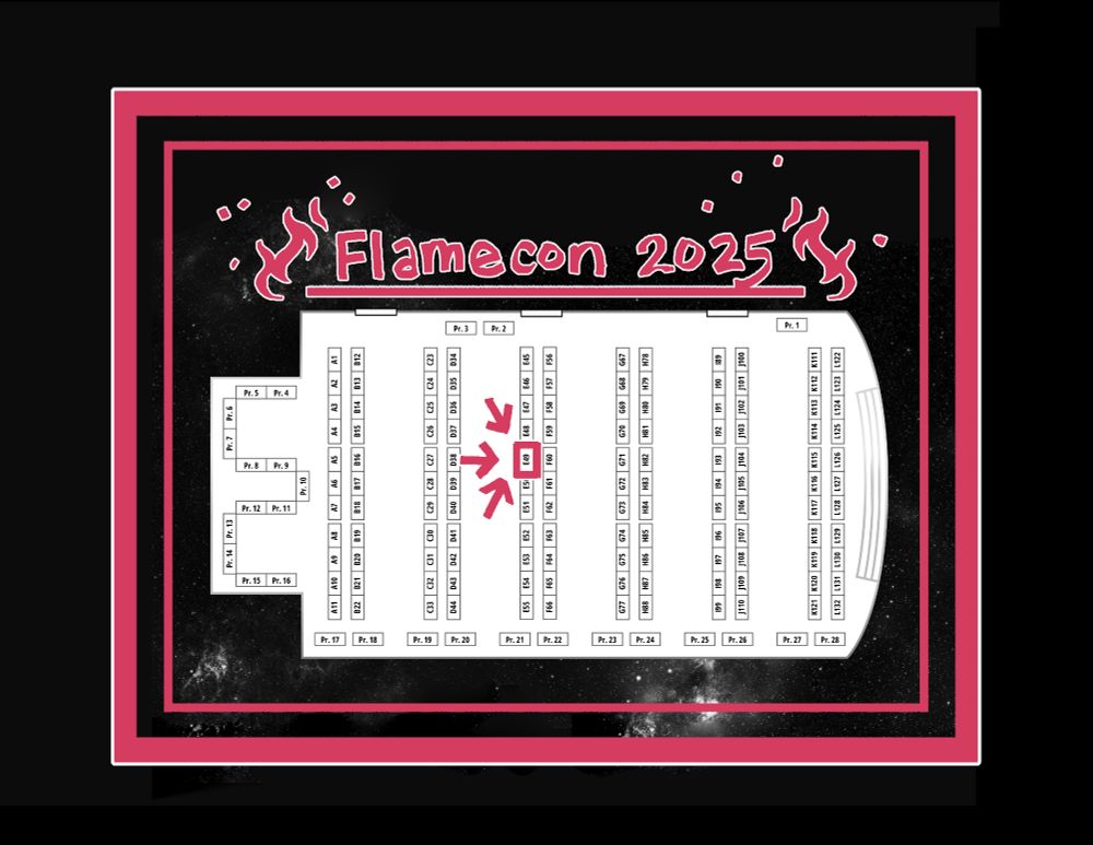 A map of the Flamecon artist alley, with E-49 pointed out special.