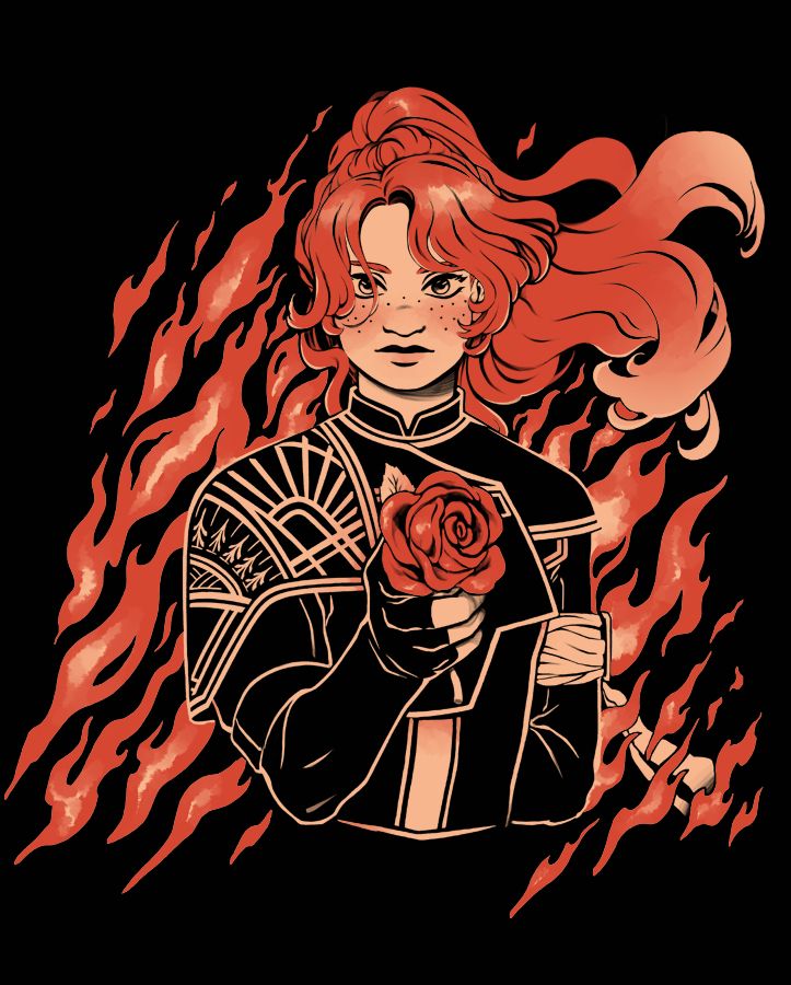Maelle from Clair Obscur. Her hair is blowing around her face, and flames frame her. Her face is serious, and she is holding out a rose.
