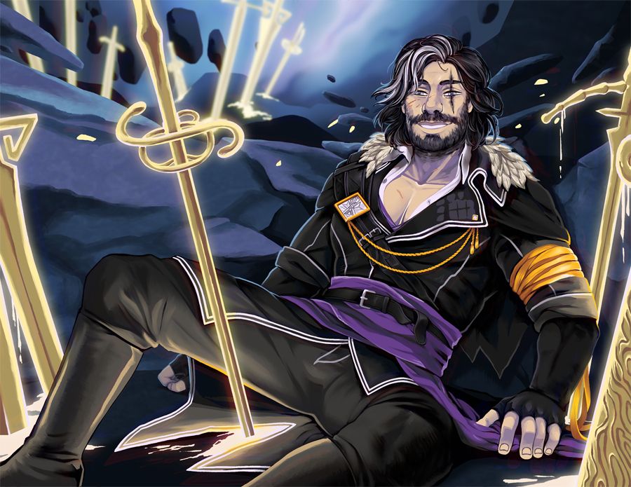 Verso from Clair Obscur. He is half sitting up, leaning on his arms with a smile. His shirt is open a little, whoopsie. Also there's a lot of glowing swords around him, like the ones in Old Lumiére. It's a pin-up. Sort of.